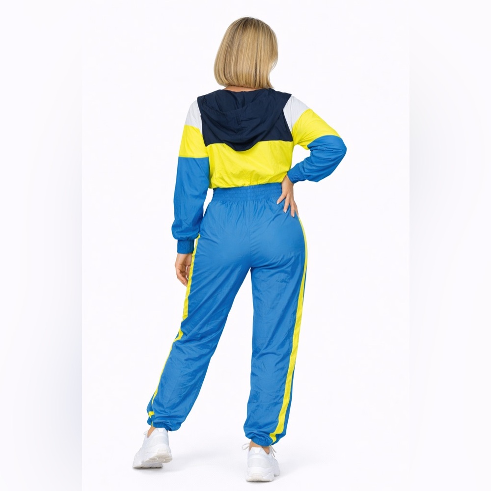 Colorblock Windbreaker Tracksuit Set Blue Yellow Zip Up Joggers - Picture 2 of 6